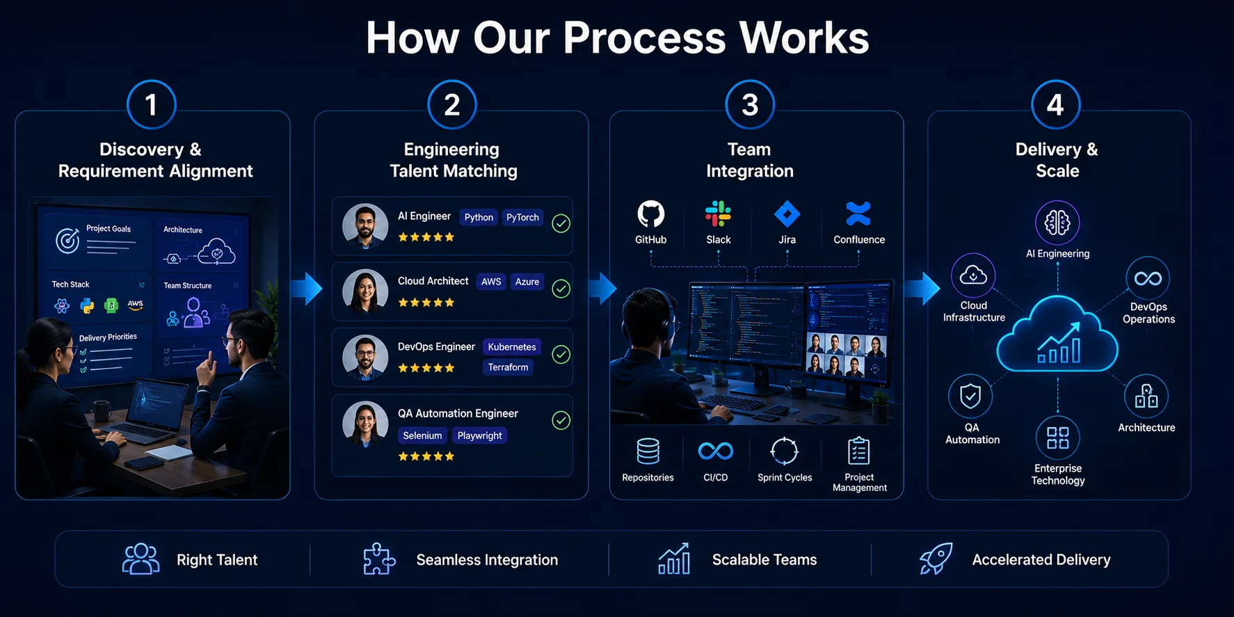Enterprise engineering team onboarding process showing talent matching, team integration, cloud collaboration, and scalable AI delivery workflows.
