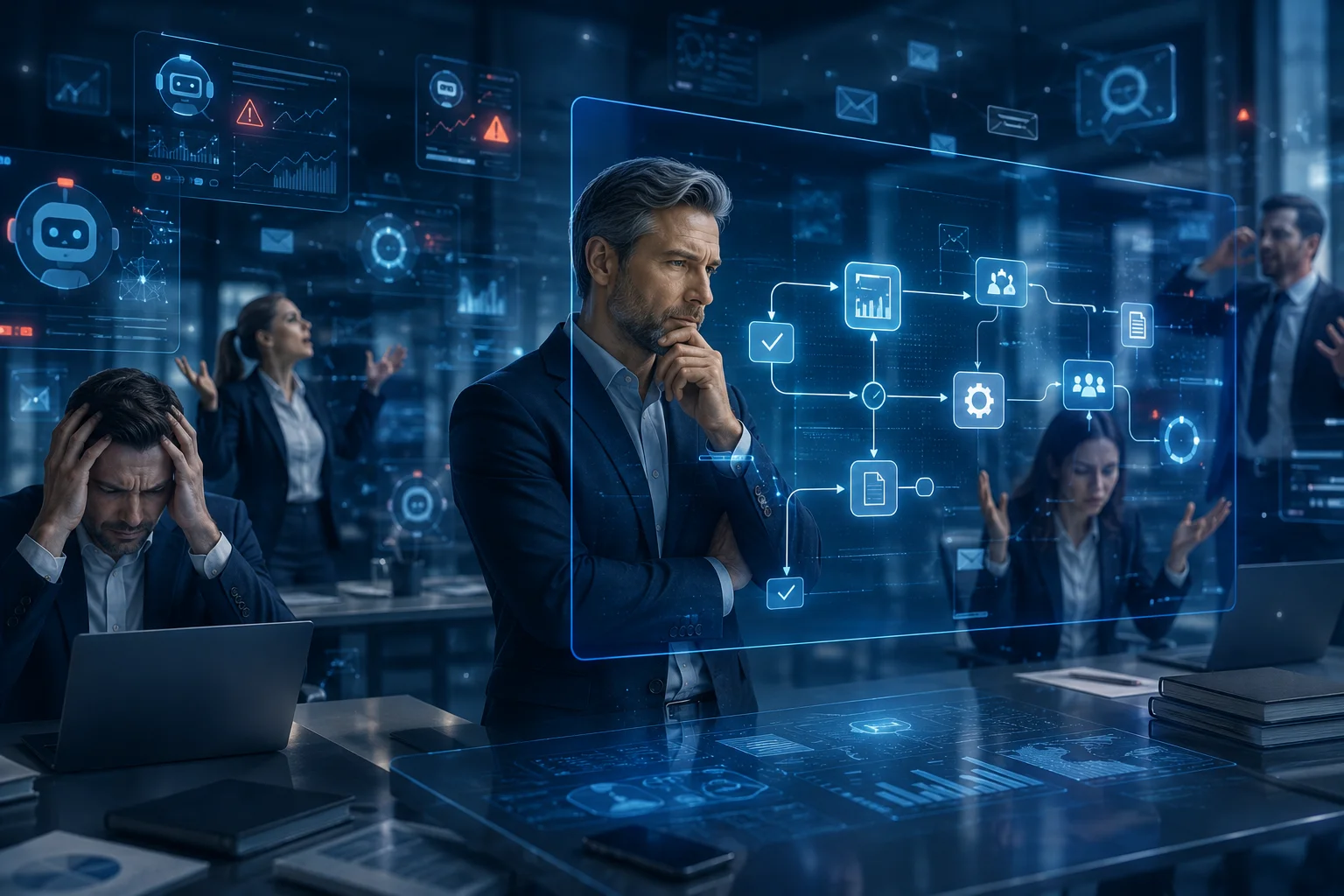 Business leaders overwhelmed by AI tools while strategic AI consulting helps identify real operational opportunities