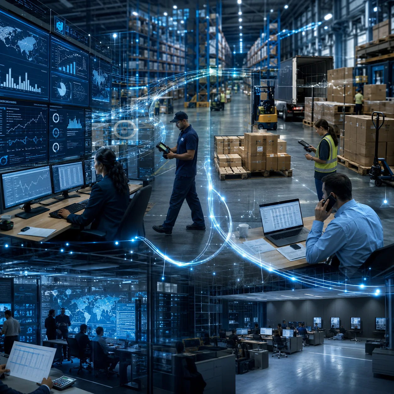 Large enterprise warehouse filled with modern systems and dashboards but operations teams still struggling with delays and disconnected workflows