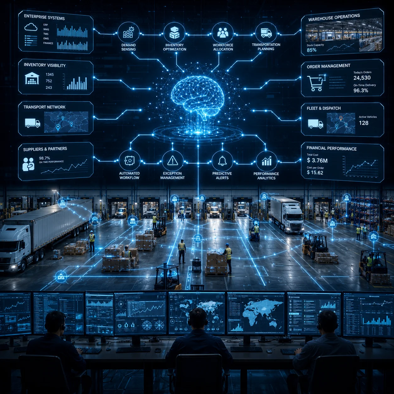AI workflow orchestration system connecting warehouse teams, dispatch operations, and enterprise systems seamlessly